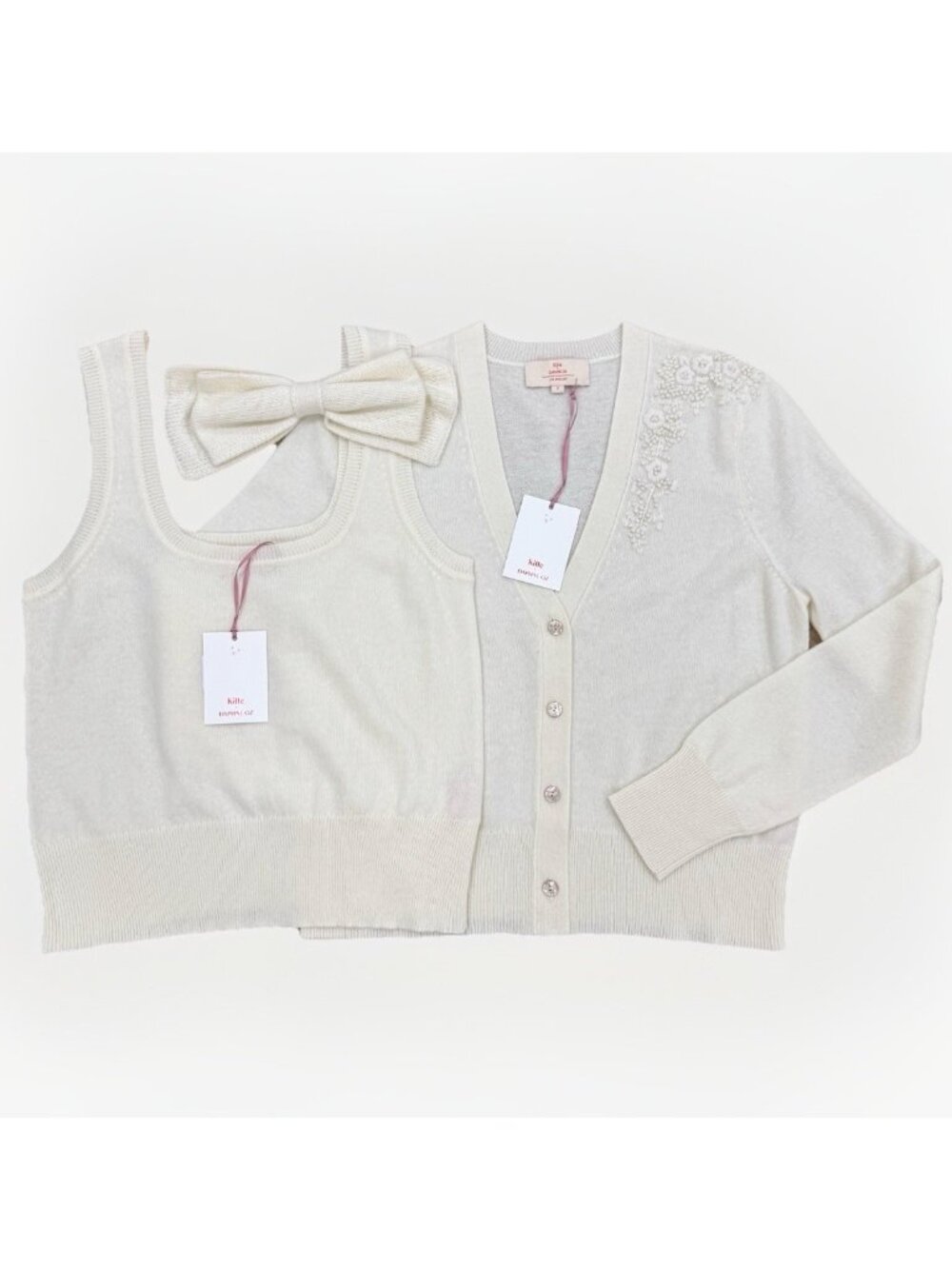 Kilte Collection Cashmere Bijou Tank, Cardigan Sweater, Bow Matching Set sz 2-M
